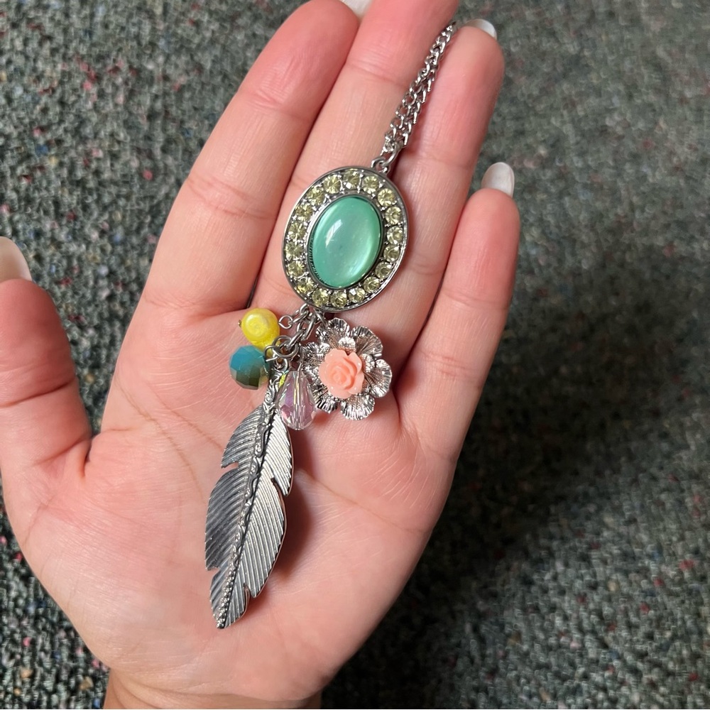 Silver Leaf Colorful Beads Floral Boho Long Eclectic Mix Funky Hippie Necklace